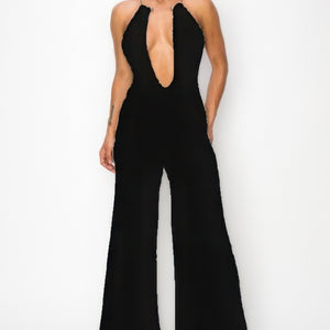 Slinky Wide Leg Jumpsuit W/metal Choker Necklace