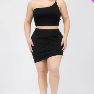 Plus Size One Shoulder Ruched Crop Top & Mini Skirt Set