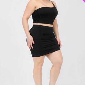 Plus Size One Shoulder Ruched Crop Top & Mini Skirt Set