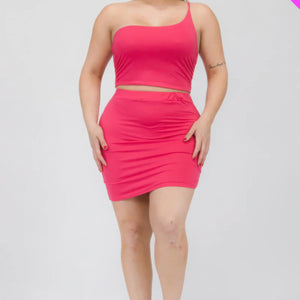 Plus Size One Shoulder Ruched Crop Top & Mini Skirt Set