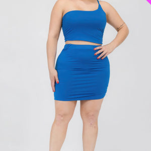 Plus Size One Shoulder Ruched Crop Top & Mini Skirt Set