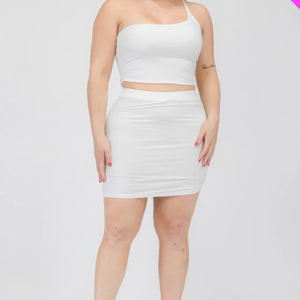 Plus Size One Shoulder Ruched Crop Top & Mini Skirt Set