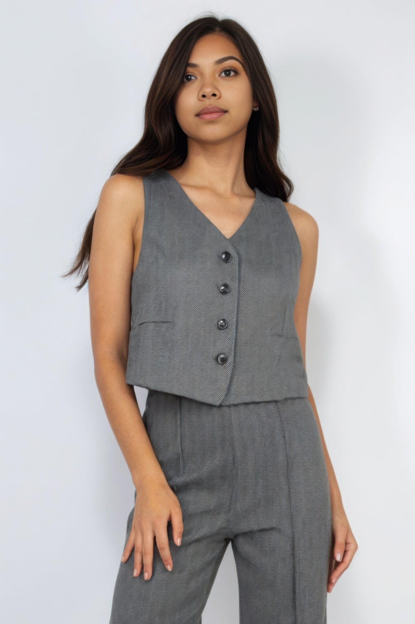 Charcoal Herringbone V-neck Buttoned Vest Top