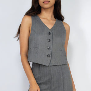 Charcoal Herringbone V-neck Buttoned Vest Top