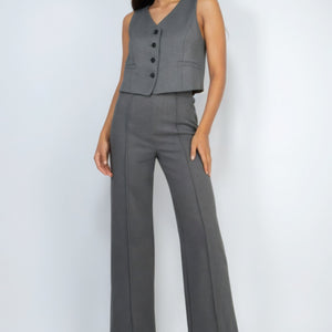 Charcoal Herringbone V-neck Buttoned Vest Top