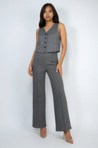 Charcoal Herringbone V-neck Buttoned Vest Top