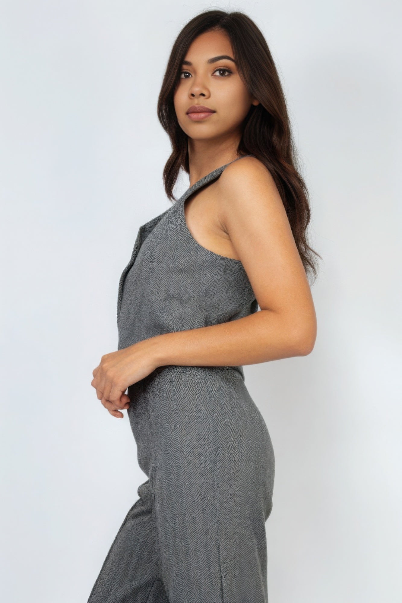 Charcoal Herringbone V-neck Buttoned Vest Top