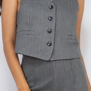 Charcoal Herringbone V-neck Buttoned Vest Top