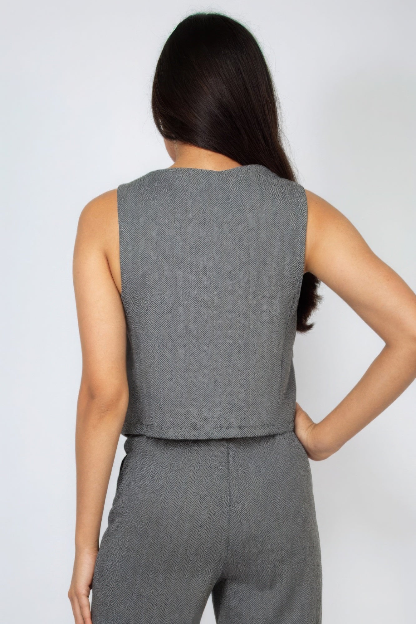 Charcoal Herringbone V-neck Buttoned Vest Top