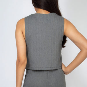 Charcoal Herringbone V-neck Buttoned Vest Top