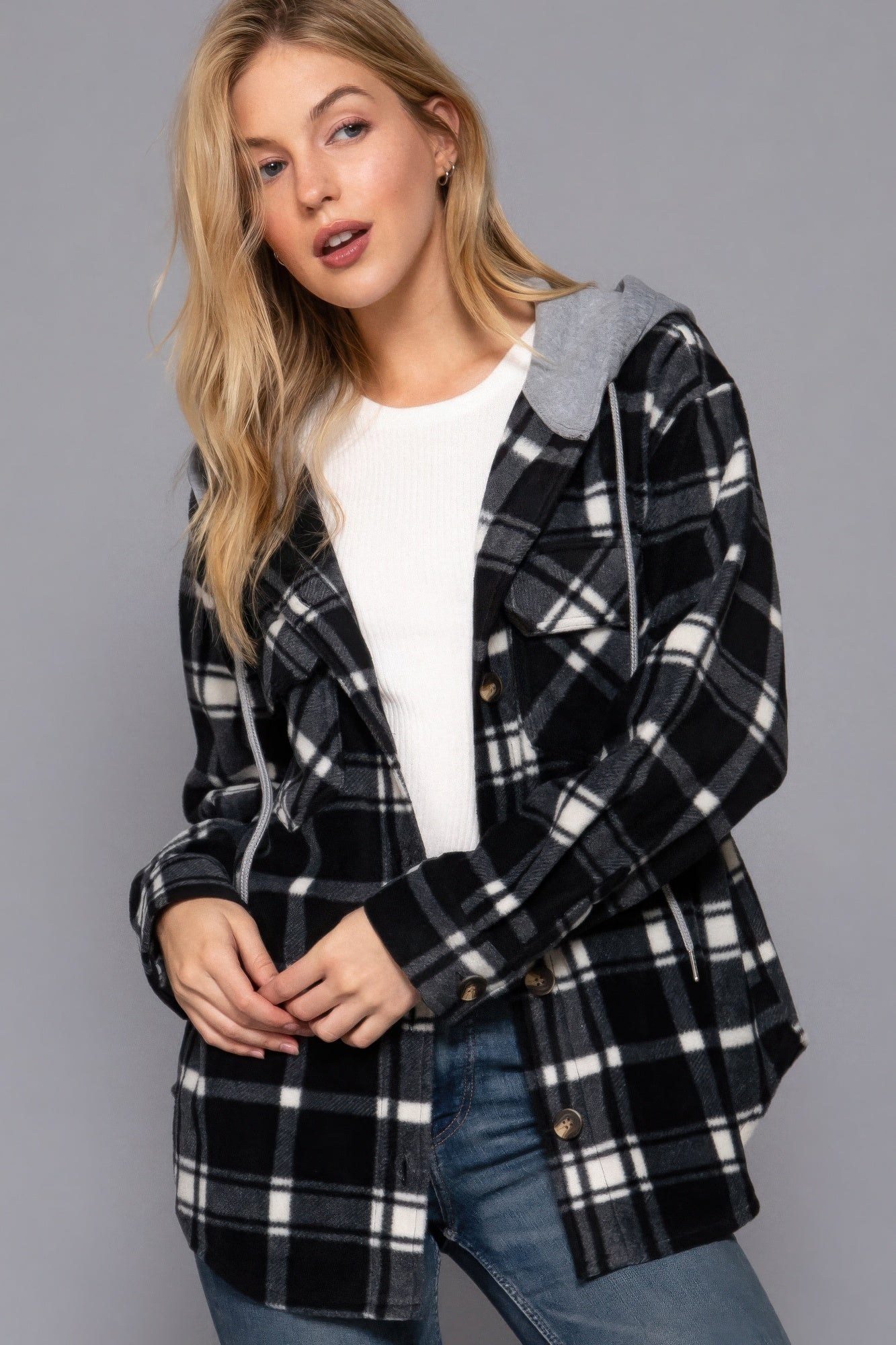 Plaid Print Hoodie Fleece Jacket Black Ivory