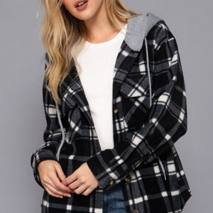 Plaid Print Hoodie Fleece Jacket Black Ivory