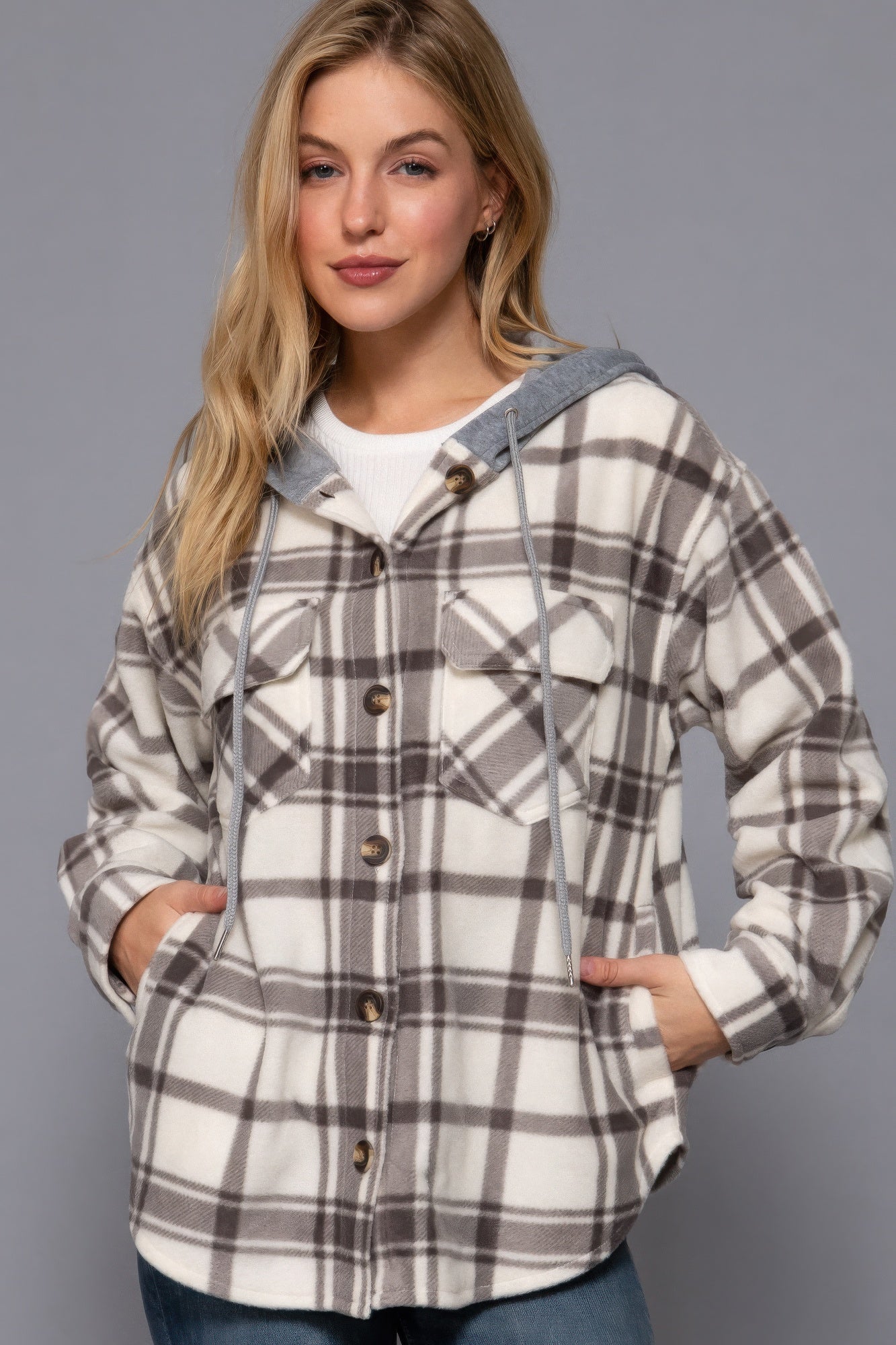 Plaid Print Hoodie Fleece Jacket in Ivory