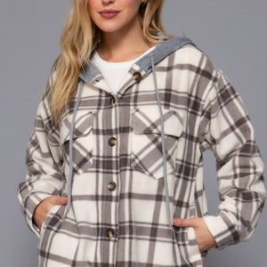 Plaid Print Hoodie Fleece Jacket in Ivory