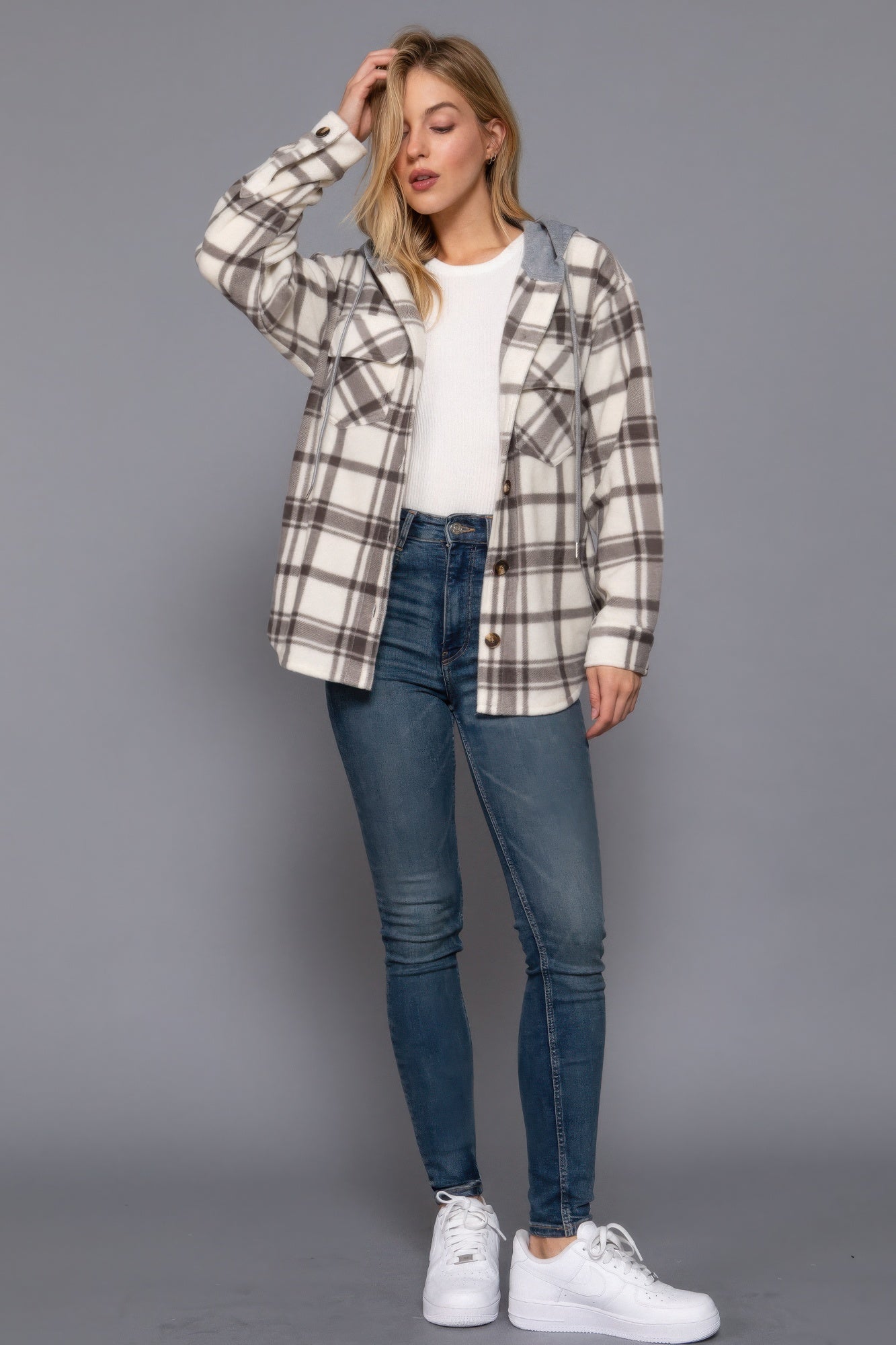 Plaid Print Hoodie Fleece Jacket in Ivory