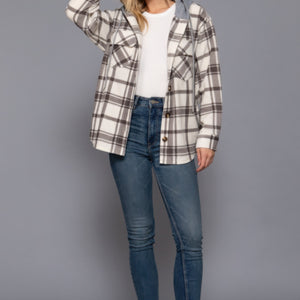 Plaid Print Hoodie Fleece Jacket in Ivory