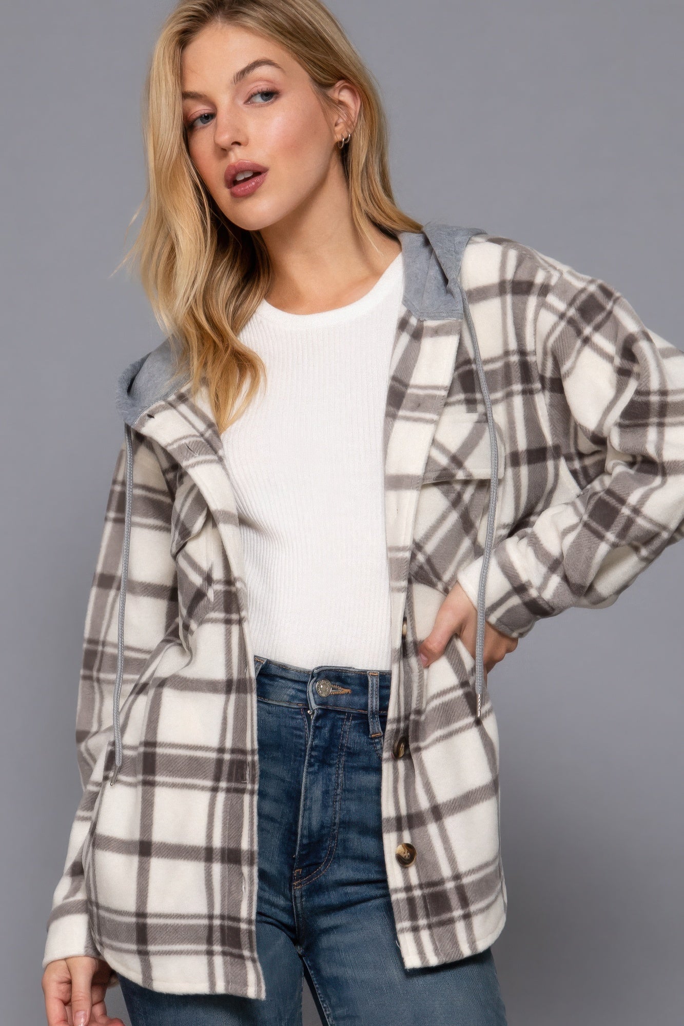 Plaid Print Hoodie Fleece Jacket in Ivory