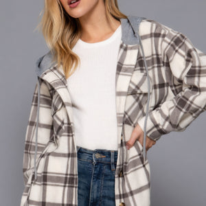 Plaid Print Hoodie Fleece Jacket in Ivory