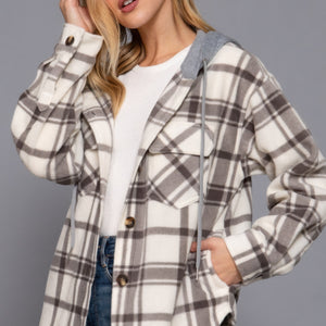 Plaid Print Hoodie Fleece Jacket in Ivory