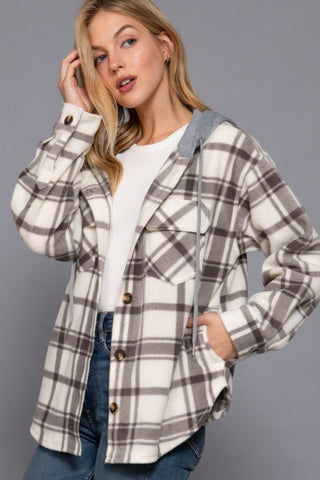 Plaid Print Hoodie Fleece Jacket in Ivory