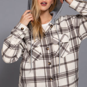 Plaid Print Hoodie Fleece Jacket in Ivory