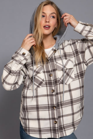 Plaid Print Hoodie Fleece Jacket in Ivory