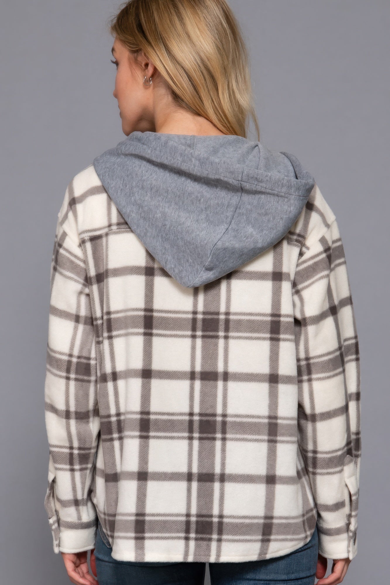 Plaid Print Hoodie Fleece Jacket in Ivory