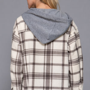 Plaid Print Hoodie Fleece Jacket in Ivory