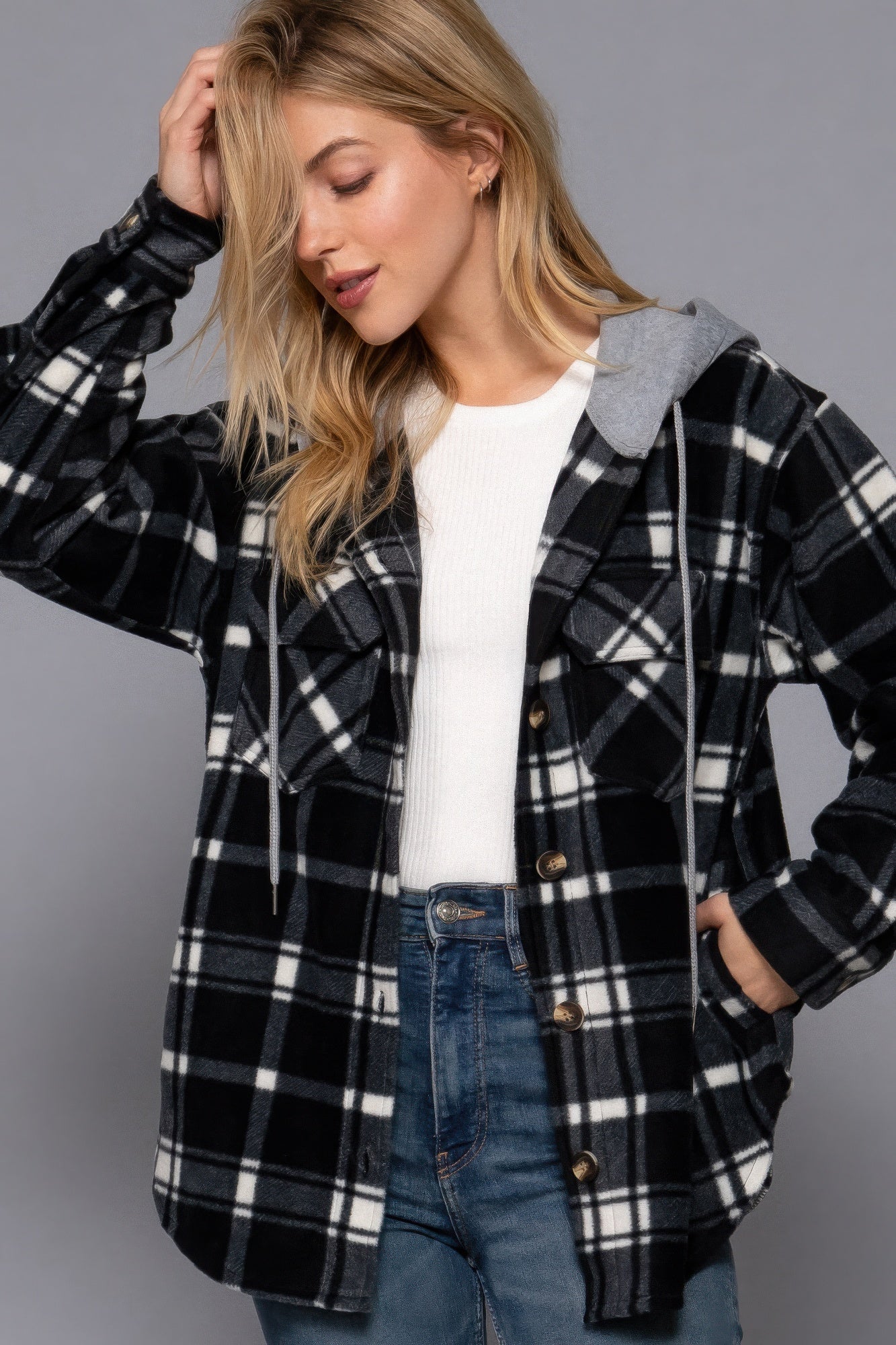 Plaid Print Hoodie Fleece Jacket Black Ivory