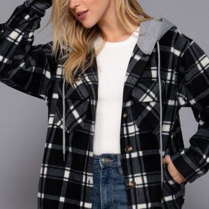 Plaid Print Hoodie Fleece Jacket Black Ivory