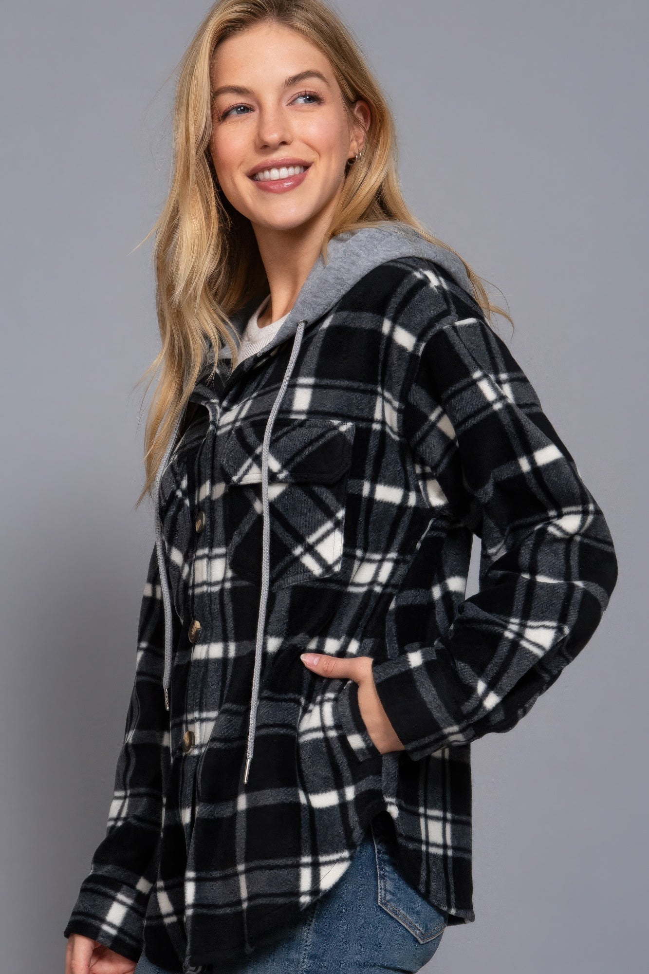 Plaid Print Hoodie Fleece Jacket Black Ivory