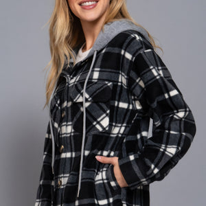 Plaid Print Hoodie Fleece Jacket Black Ivory