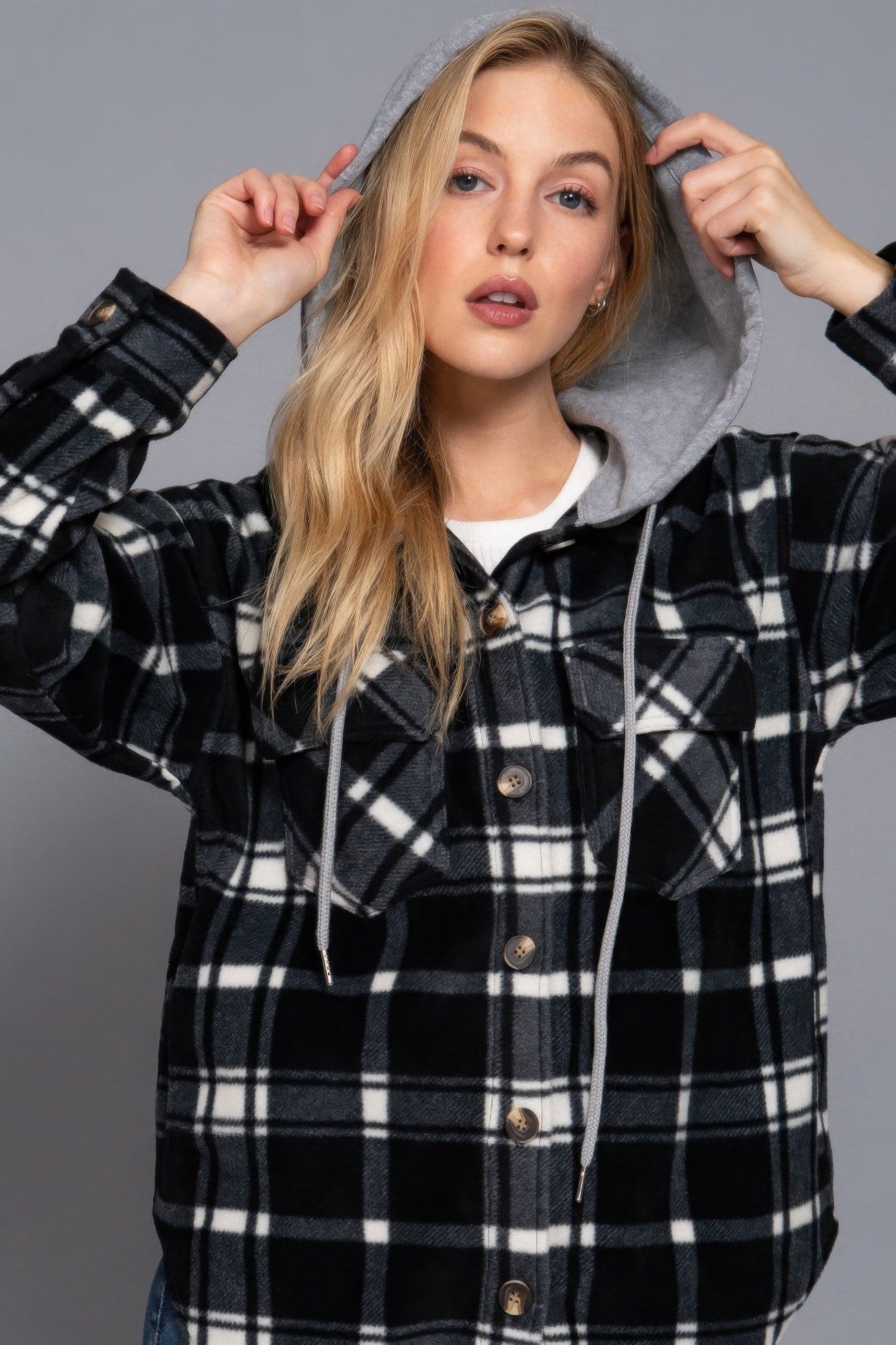 Plaid Print Hoodie Fleece Jacket Black Ivory