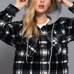 Plaid Print Hoodie Fleece Jacket Black Ivory