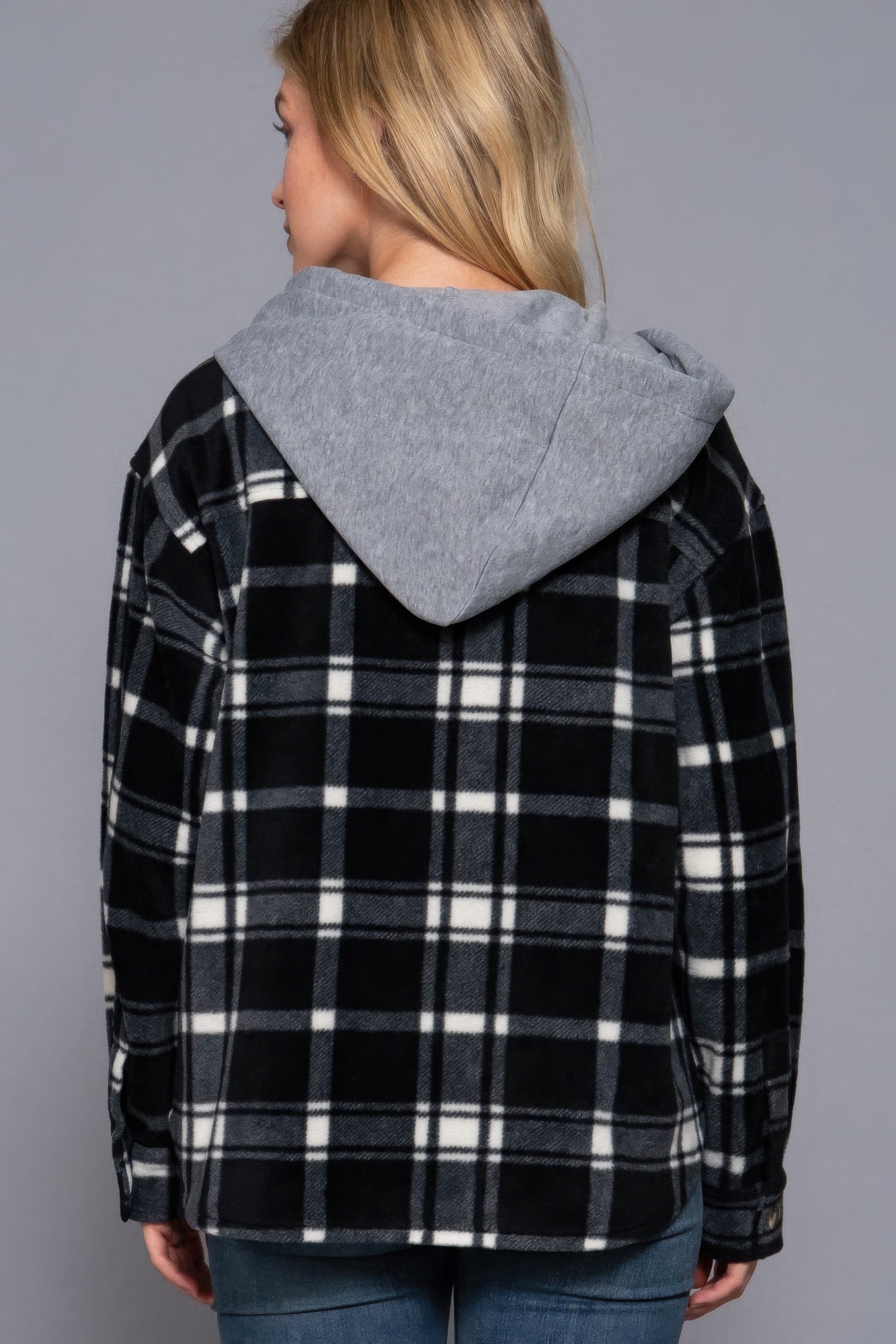 Plaid Print Hoodie Fleece Jacket Black Ivory