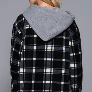 Plaid Print Hoodie Fleece Jacket Black Ivory