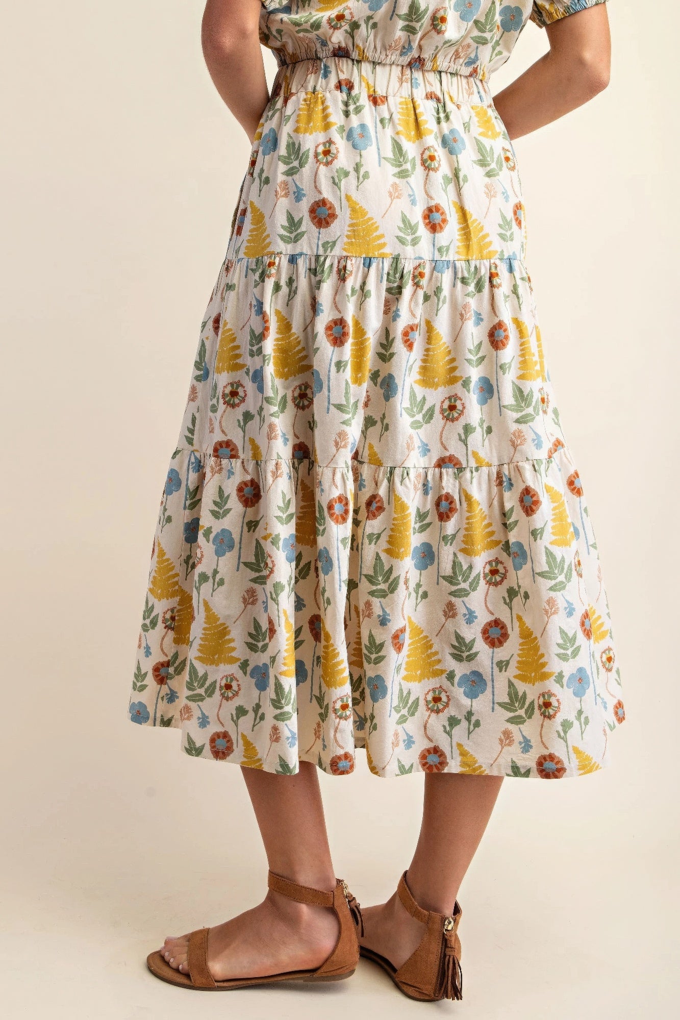 Printed long elastic waistband skirt with side pockets