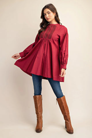 Long sleeve mini dress with lace detail in Plum