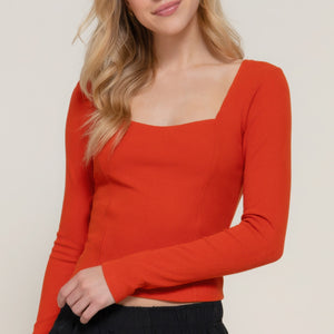 Long sleeve sweetheart neck seam detail knit top