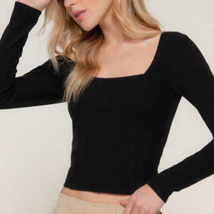 Long sleeve sweetheart neck seam detail knit top