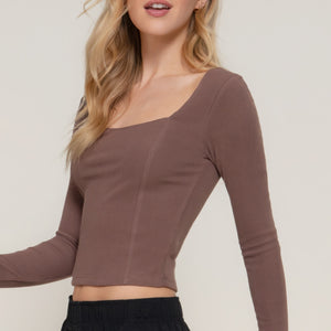 Long sleeve sweetheart neck seam detail knit top