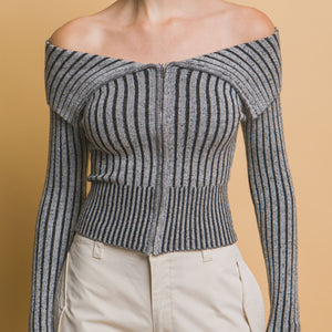 Ribbed bardot zip up long sleeve