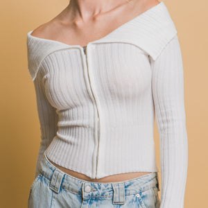 Ribbed bardot zip up long sleeve