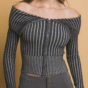 Ribbed bardot zip up long sleeve