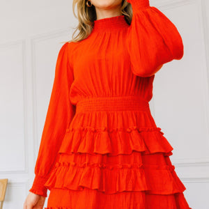 Long Sleeve Smocked Neck Tiered Ruffle Mini Dress