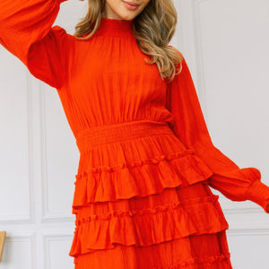 Long Sleeve Smocked Neck Tiered Ruffle Mini Dress